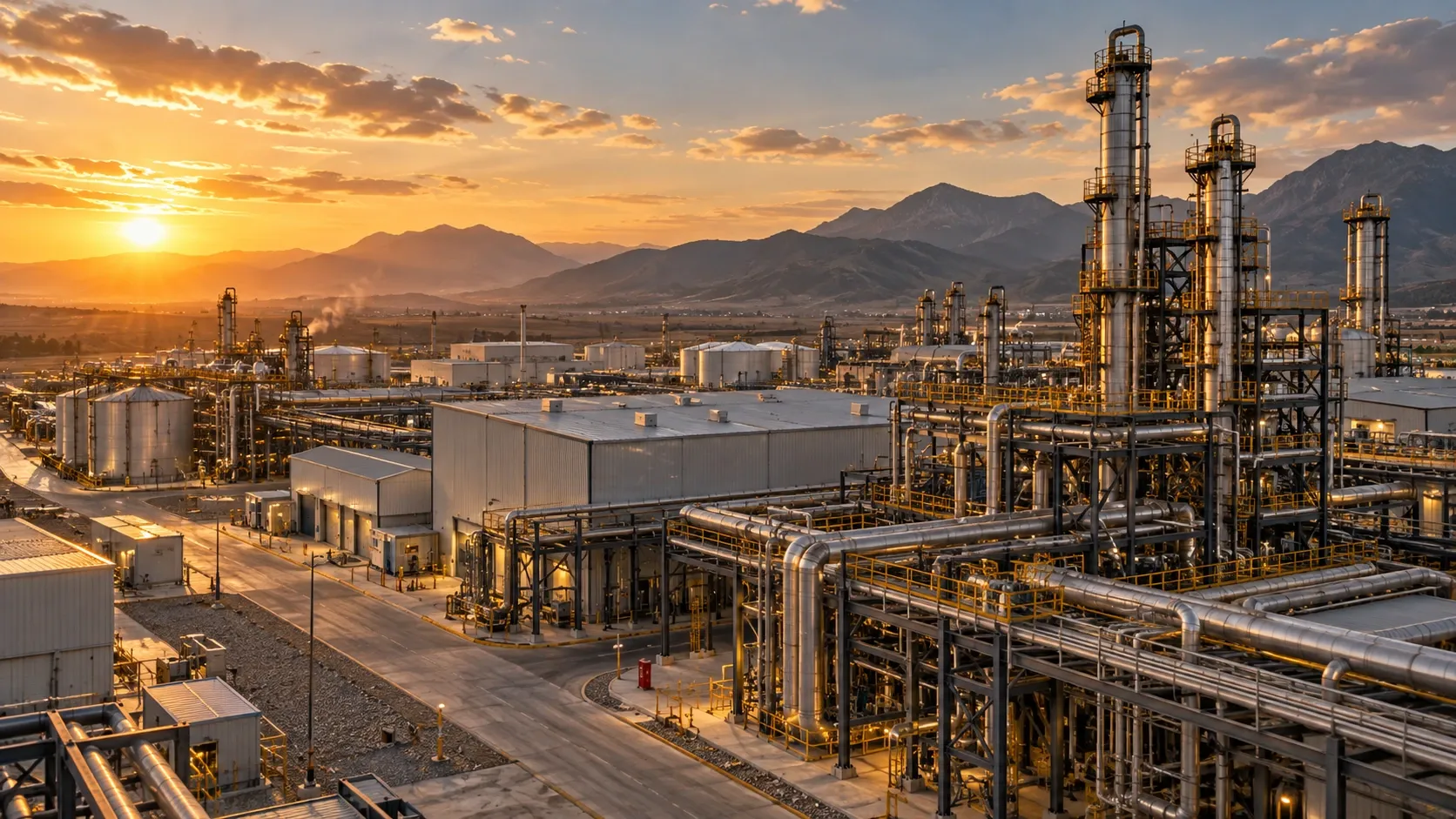 Planta industrial al atardecer con montañas al fondo